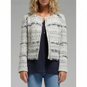 Joie Cream and Navy Tweed Fringe-Trim Open Blazer